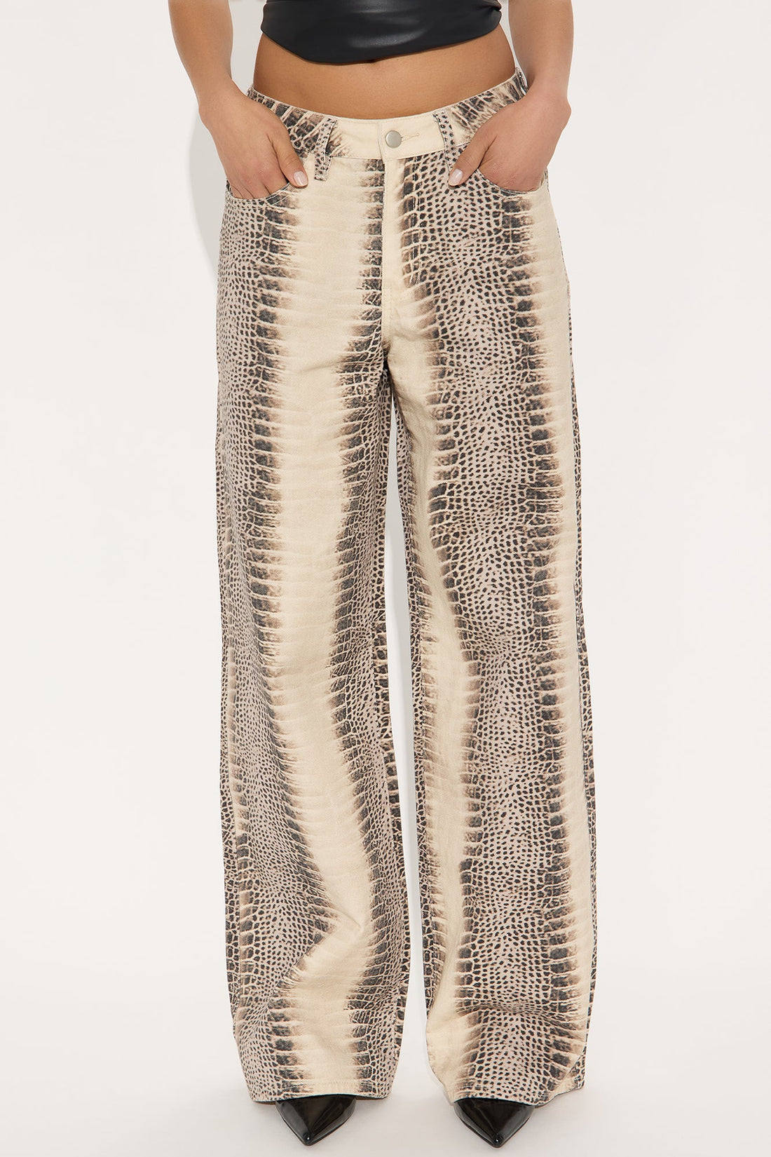Rattle Me Up High Rise Snake Print Wide Leg Jeans - Beige/Brown