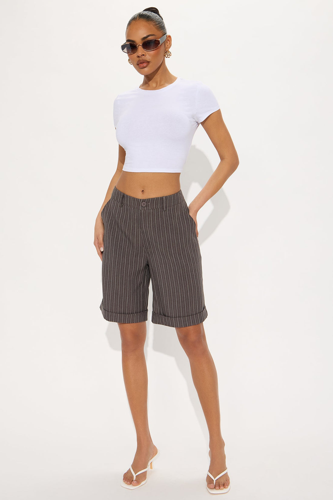 Ellen Pinstripe Trouser Bermuda Short - Charcoal