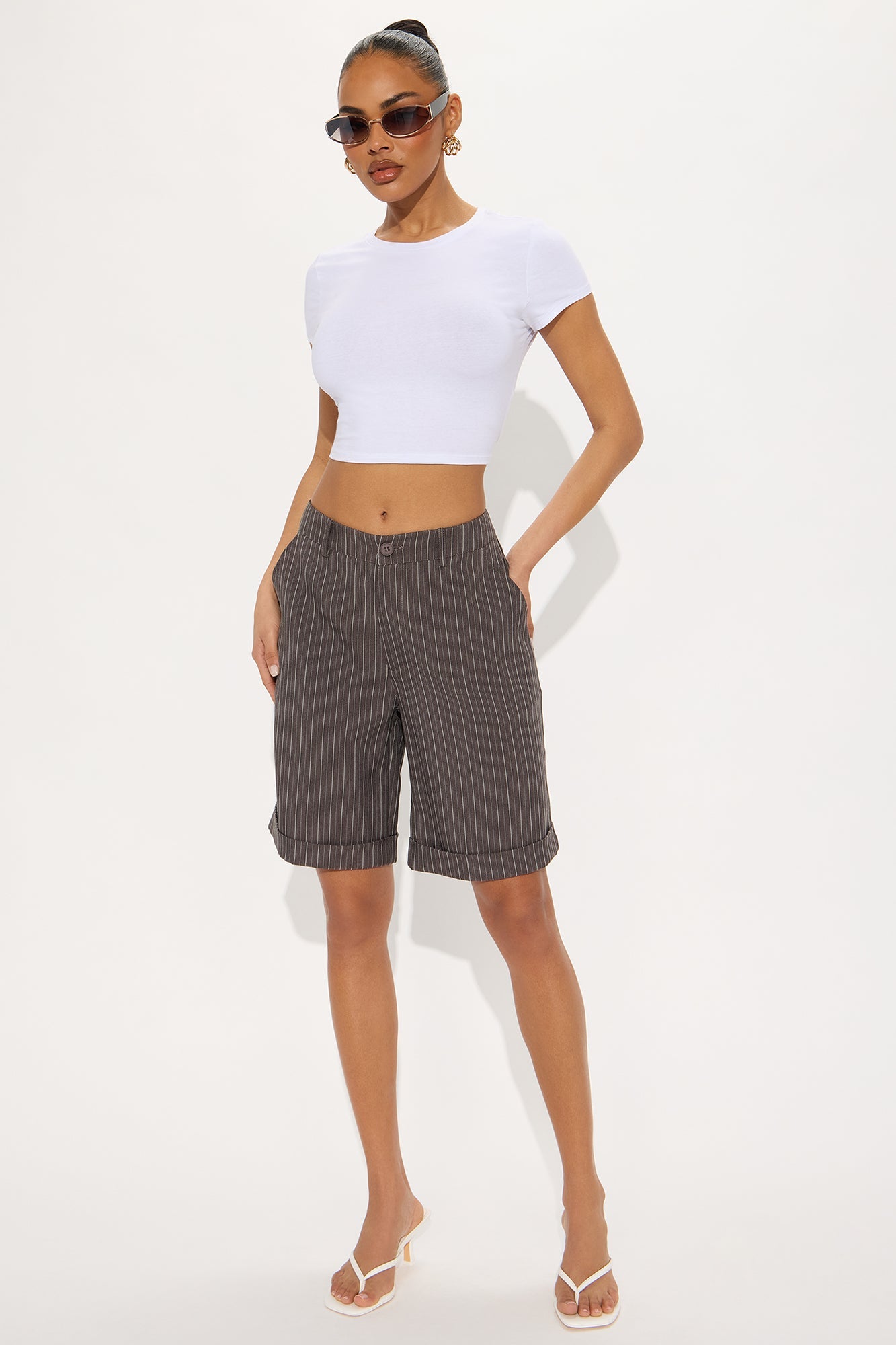 Ellen Pinstripe Trouser Bermuda Short - Charcoal