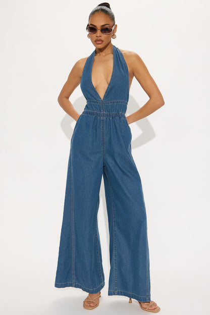 Natalia Denim Wide Leg Jumpsuit - Medium Wash