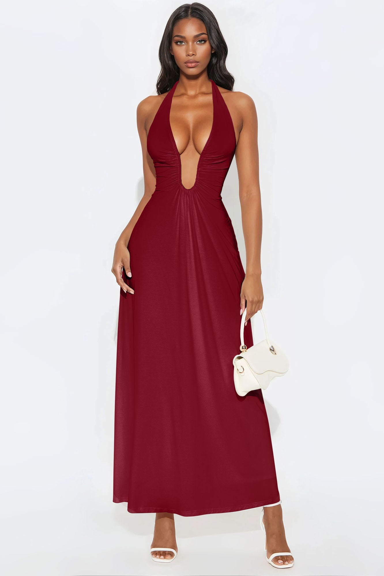 Charlotte Halter Plunge Maxi Dress - Burgundy