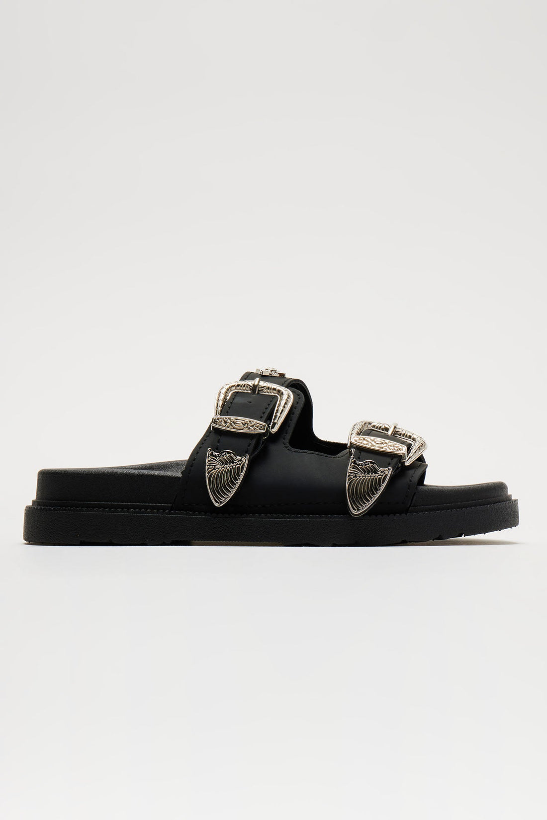 Talk About That Buckle Flat Sandals - Black