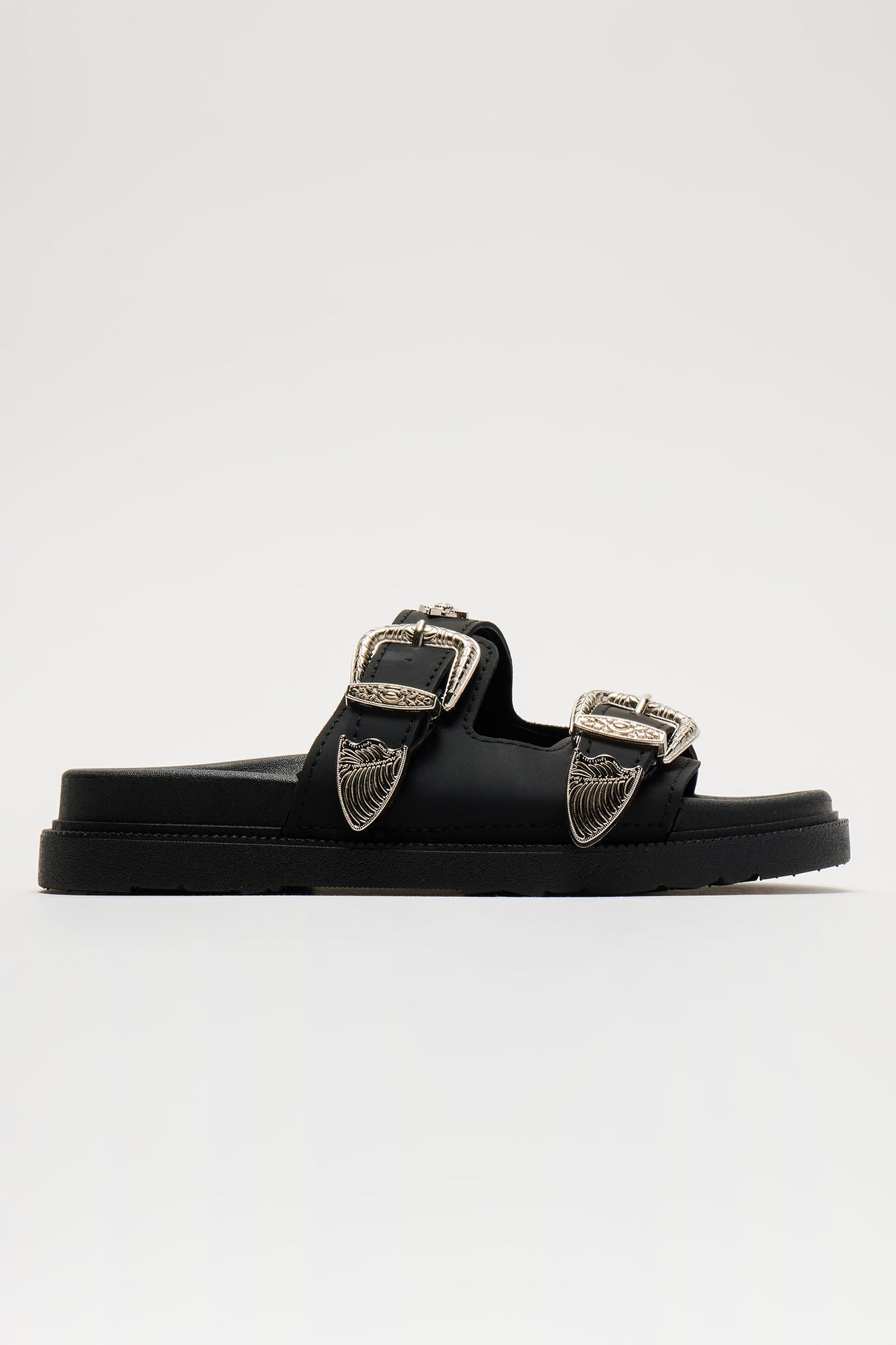 Talk About That Buckle Flat Sandals - Black