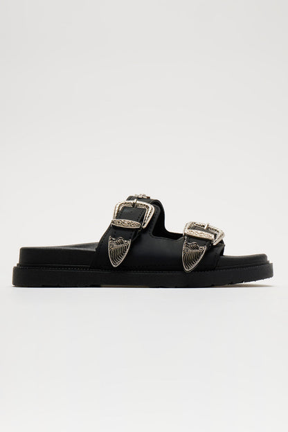 Talk About That Buckle Flat Sandals - Black