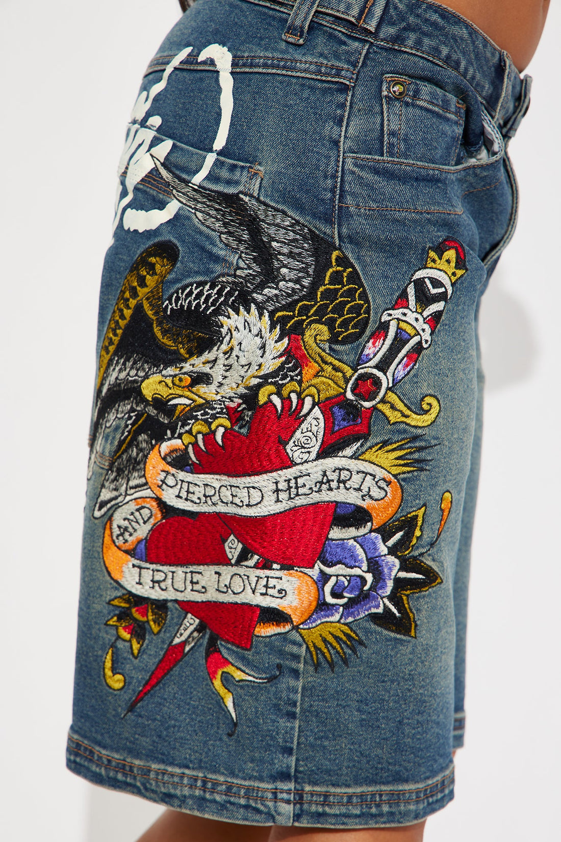 Ed Hardy Wings Of Love Baggy Denim Jorts - Medium Wash