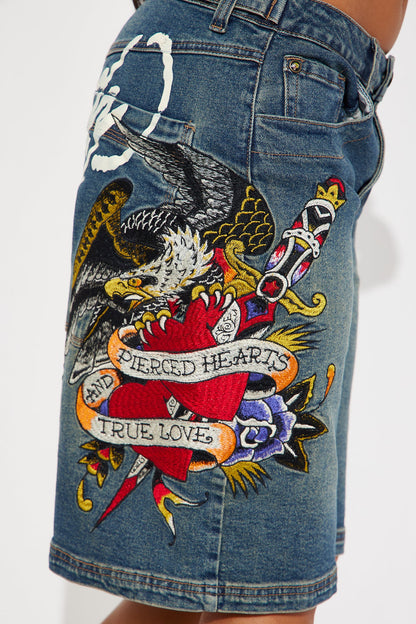 Ed Hardy Wings Of Love Baggy Denim Jorts - Medium Wash