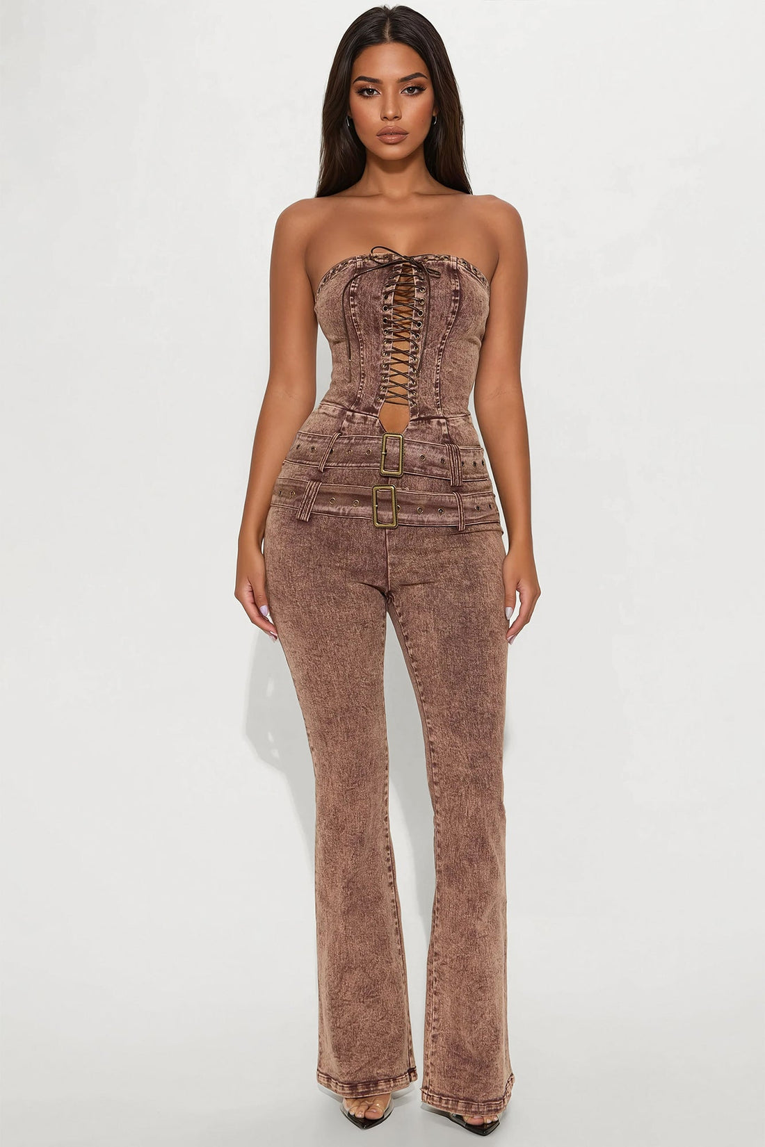 Frankie Washed Denim Flare Leg Jumpsuit - Brown