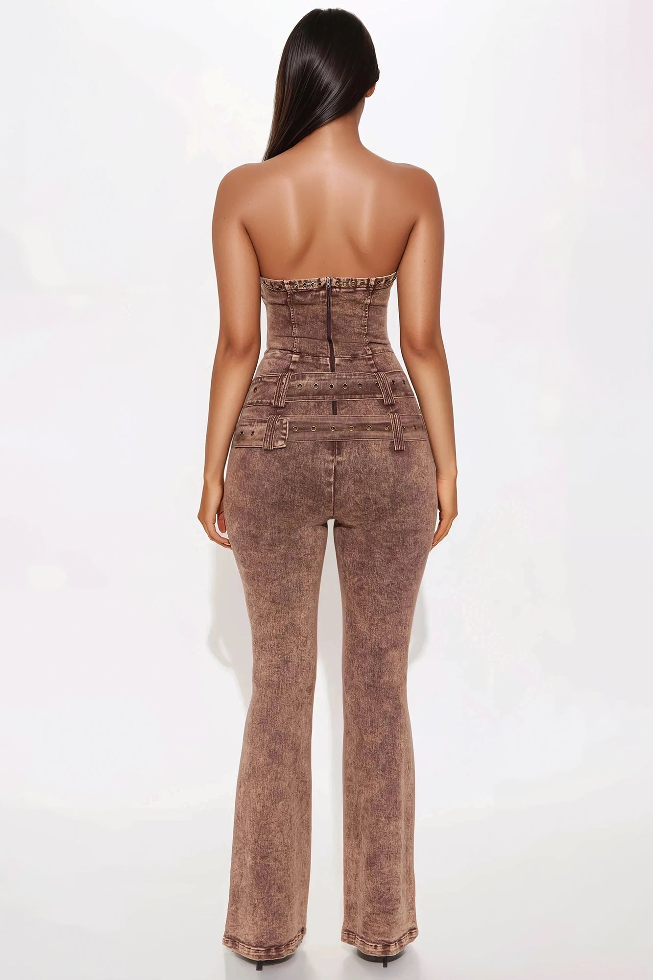 Frankie Washed Denim Flare Leg Jumpsuit - Brown