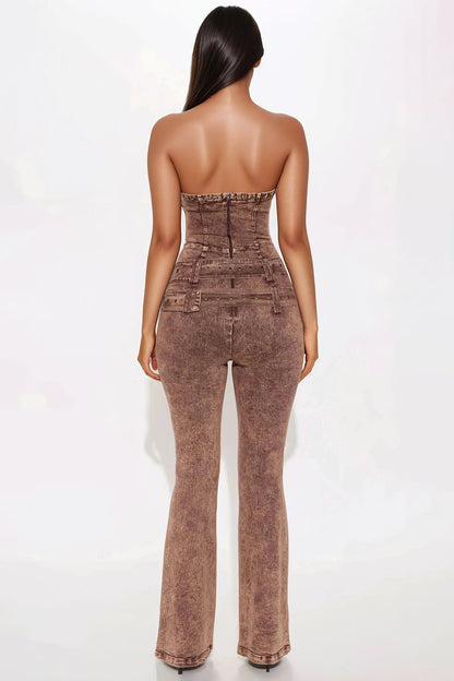 Frankie Washed Denim Flare Leg Jumpsuit - Brown