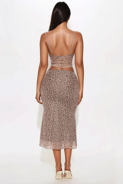 Rya leopard Mesh Cami And Midi Skirt Set - Brown/combo