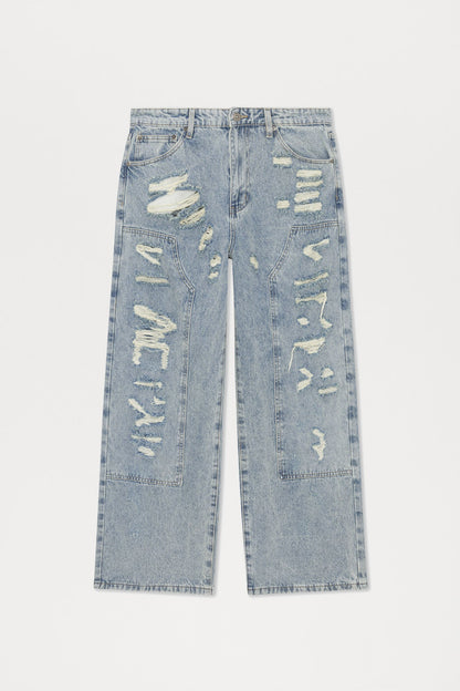 Be About It Distressed Carpenter Baggy Jeans - Light Wash