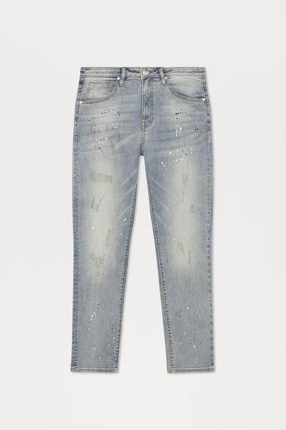 Ripped And Bleach Splatter Stacked Slim Flare Jeans - Light Blue Wash