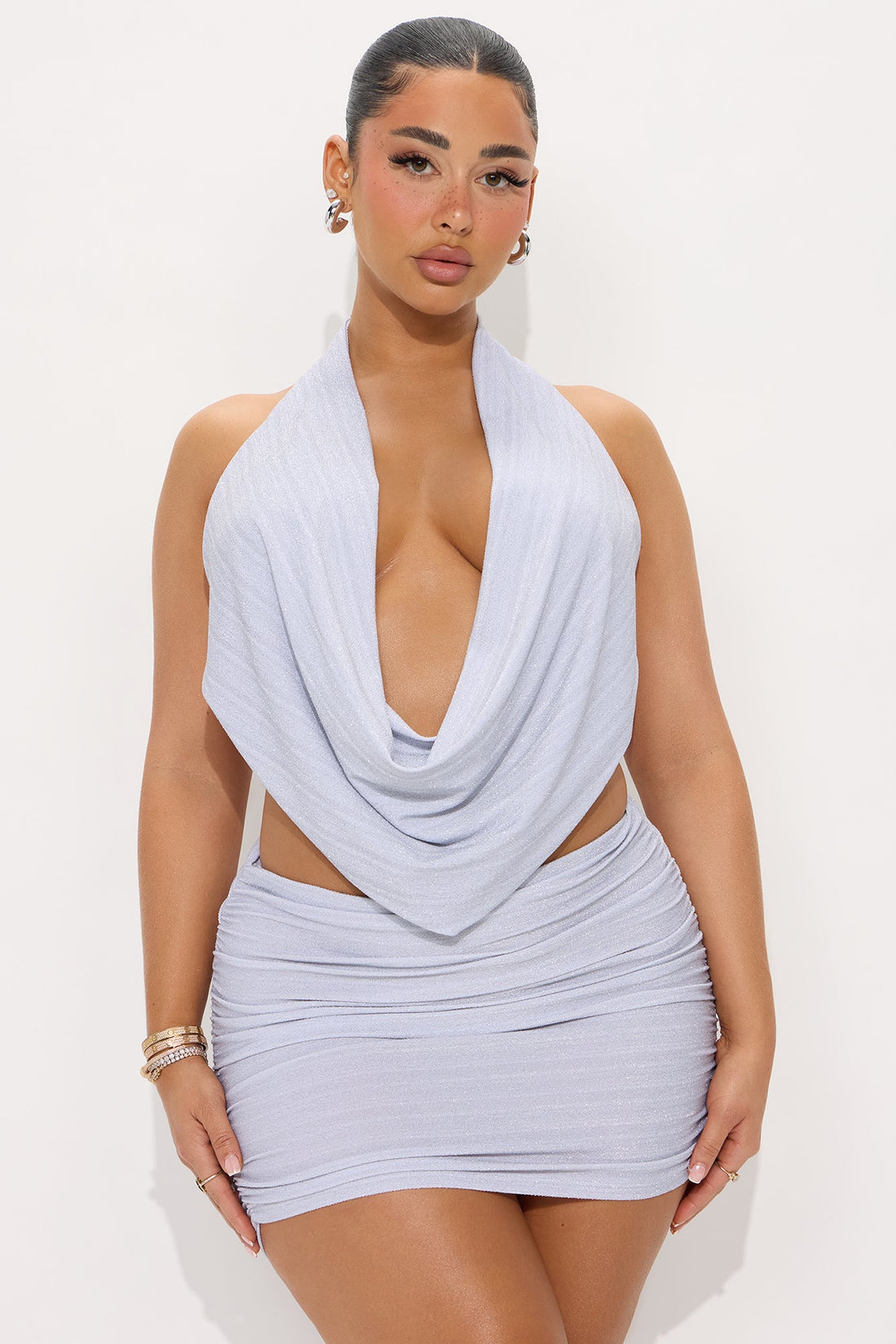 Glow Up Halter Top and Mini Skirt Set - Silver