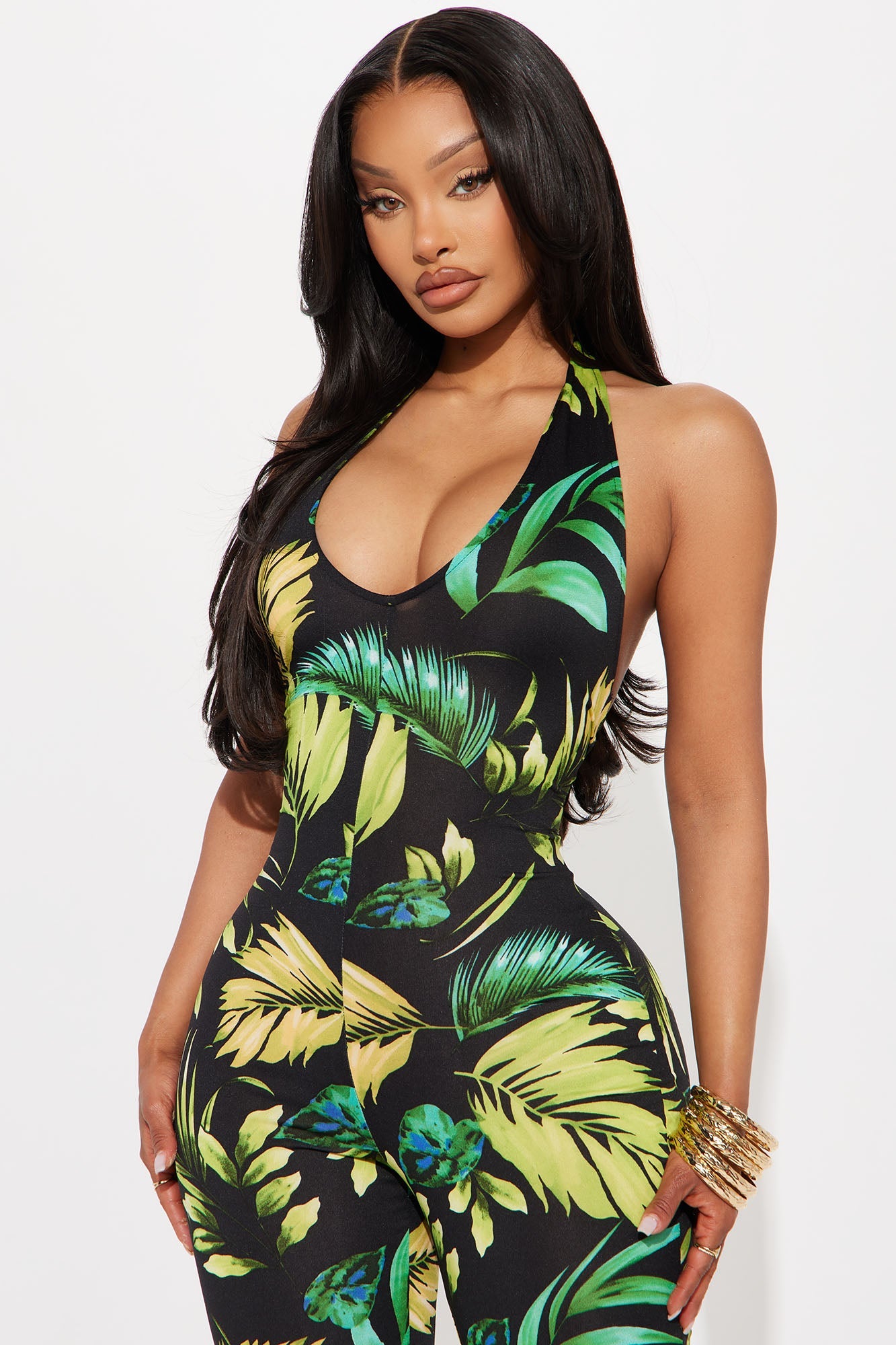Myra Tropical Flare Jumpsuit - Black/combo