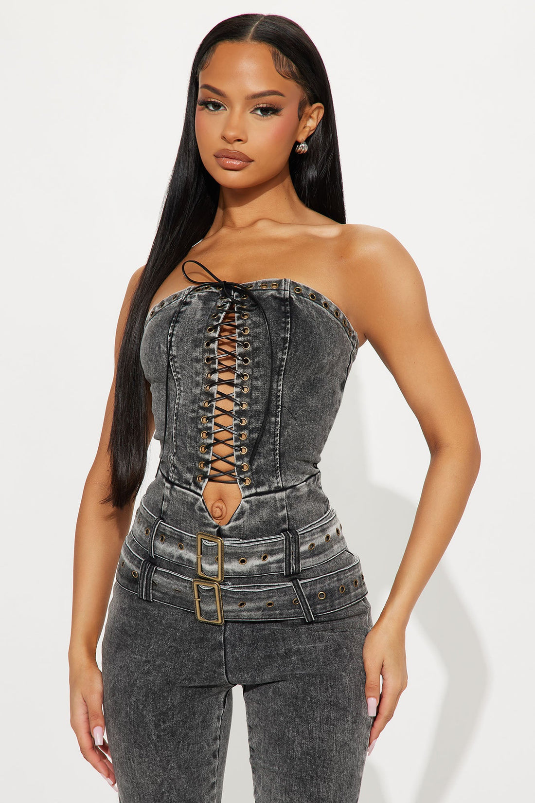 Frankie Washed Denim Flare Leg Jumpsuit - Black