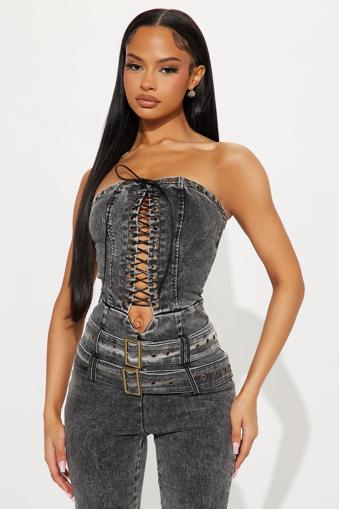 Frankie Washed Denim Flare Leg Jumpsuit - Black
