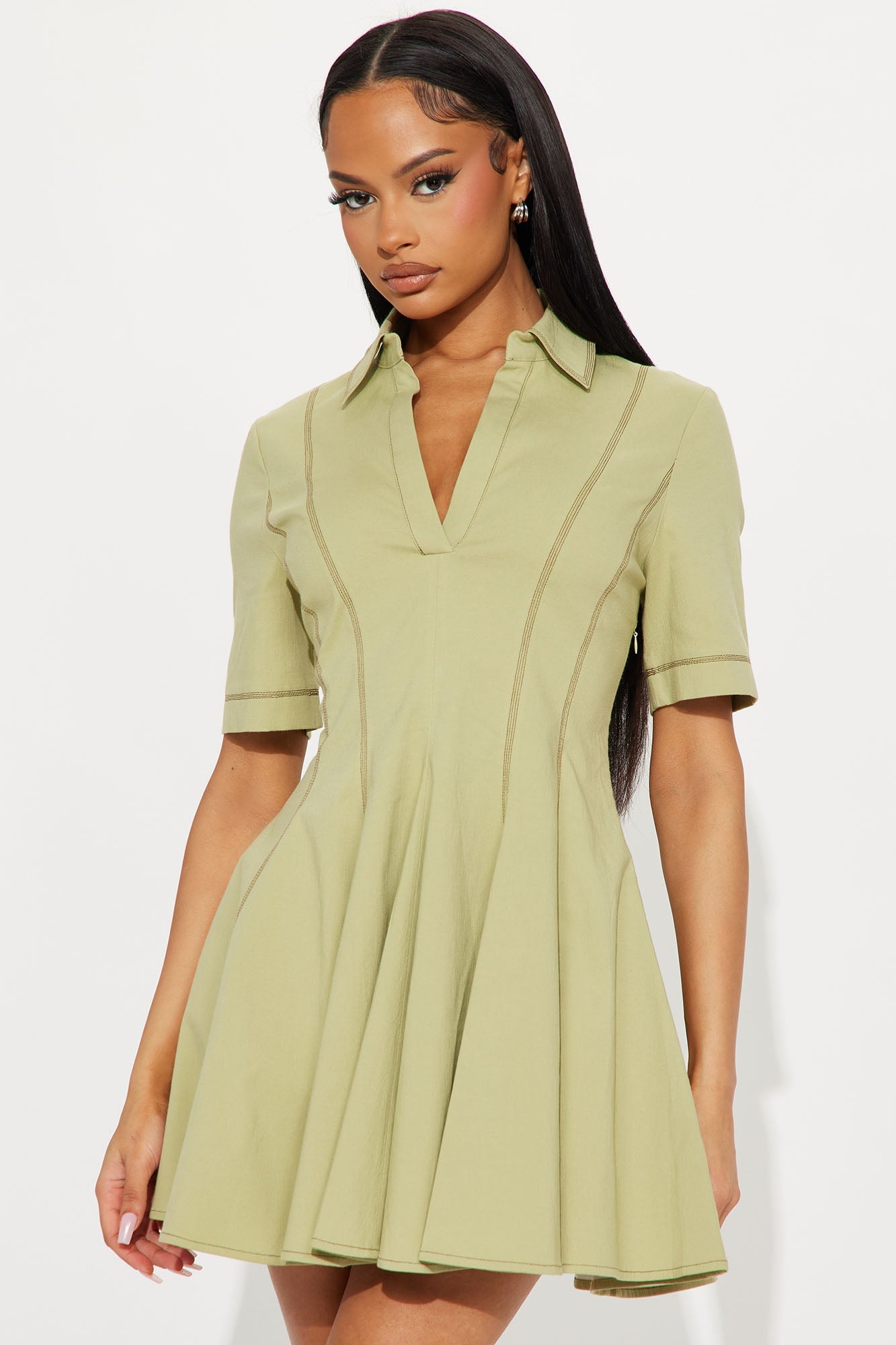 Prim Collared Mini Dress - Olive