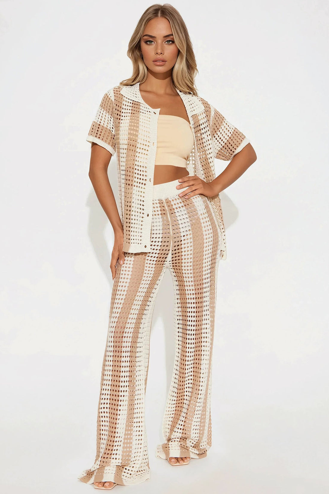 Hayden Crochet Pant Set - Taupe/combo