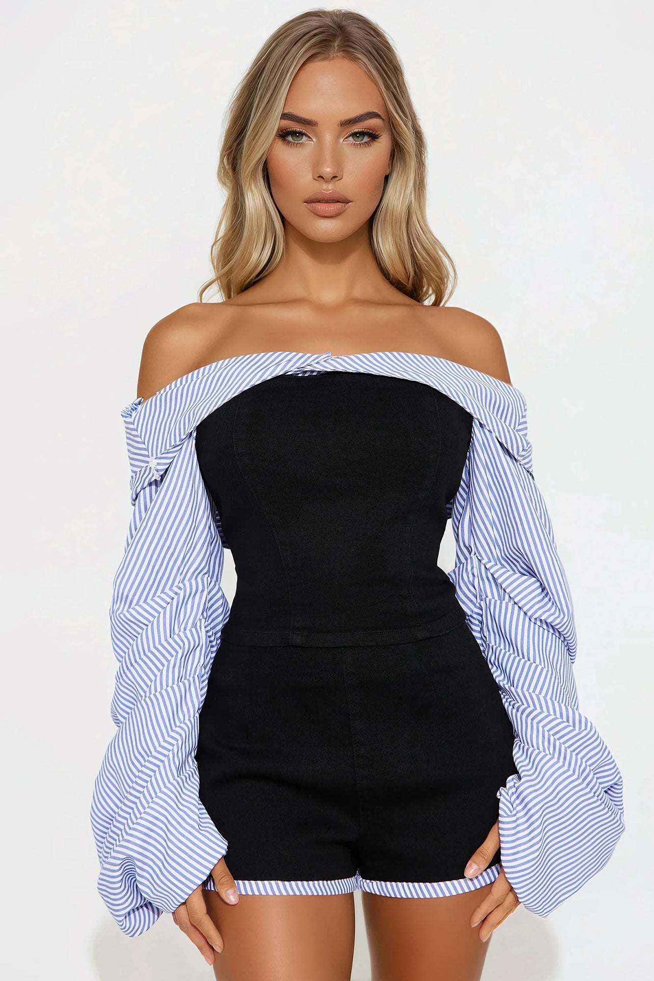 Yacht Day Off Shoulder Short Set - Black/combo