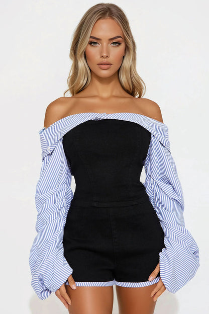 Yacht Day Off Shoulder Short Set - Black/combo