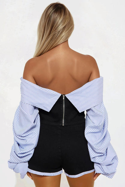 Yacht Day Off Shoulder Short Set - Black/combo