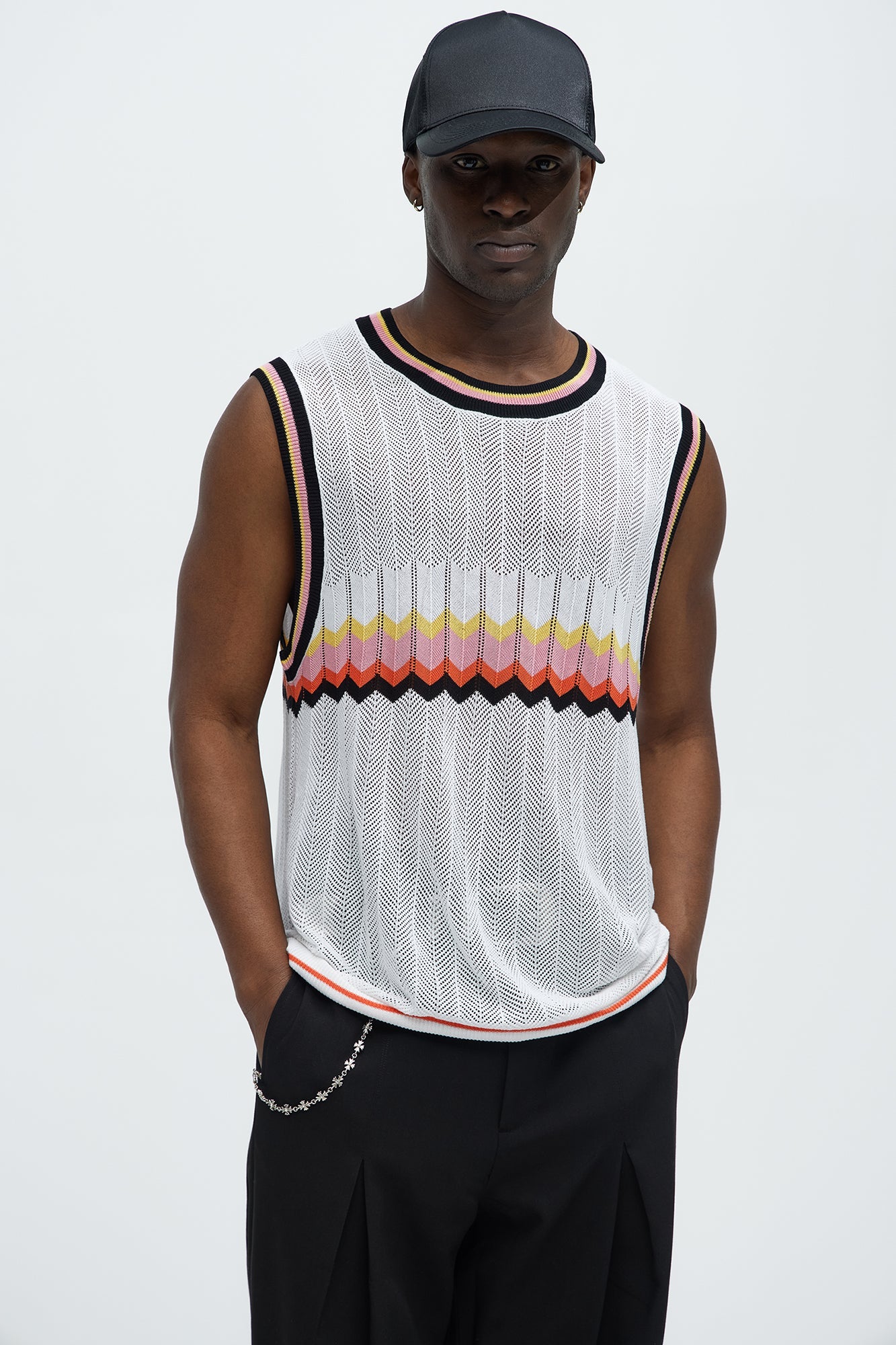 Chevron Striped Knit Muscle Tee - White/combo