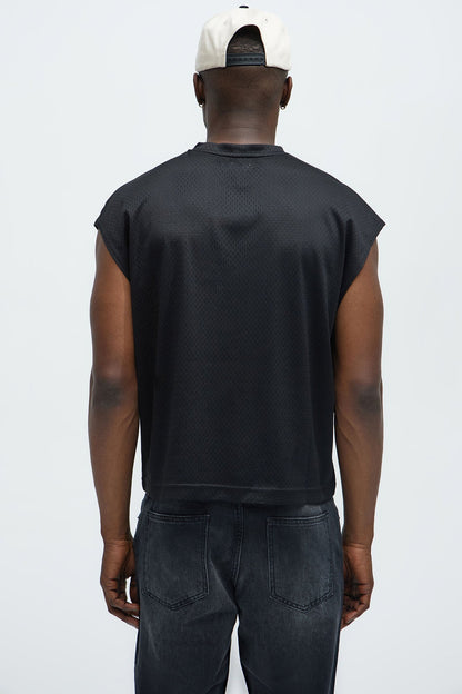 Boxy Mesh Sleeveless Muscle Tee - Black