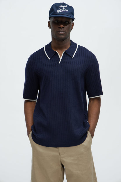 Garrison Knitted Johnny Collar Short Sleeve Polo - Navy/combo