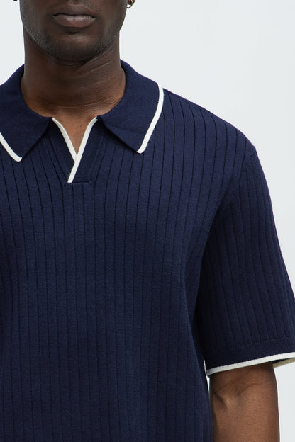 Garrison Knitted Johnny Collar Short Sleeve Polo - Navy/combo