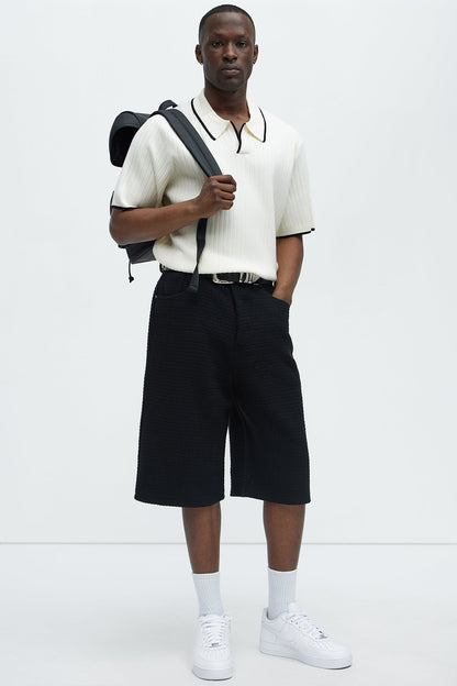Garrison Knitted Johnny Collar Short Sleeve Polo - Cream/combo