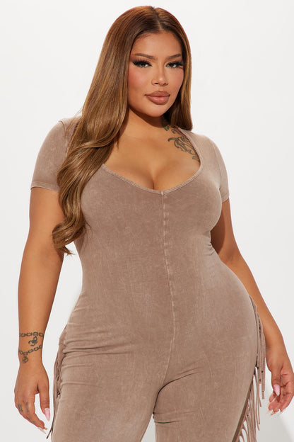 Carry Me Higher Fringe Jumpsuit - Mocha