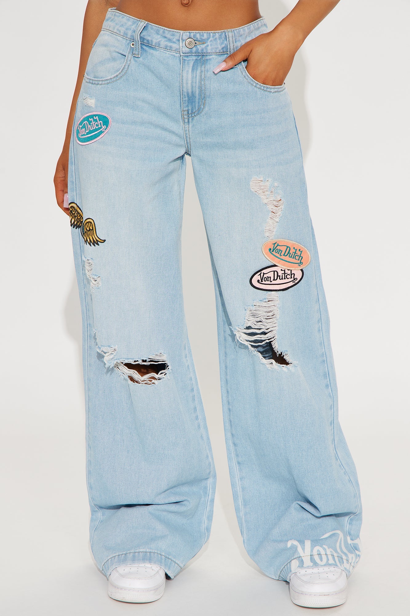 Von Dutch Patchwork Distressed Wide Leg Jeans - Medium Wash