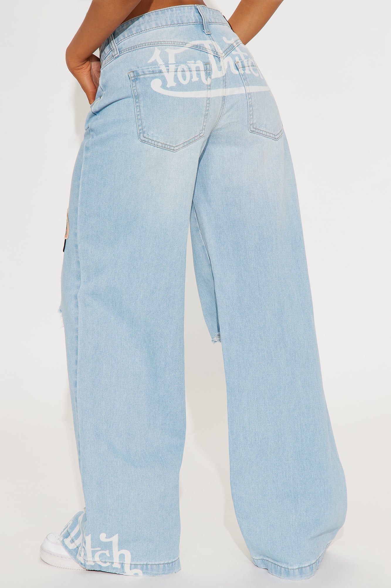 Von Dutch Patchwork Distressed Wide Leg Jeans - Medium Wash