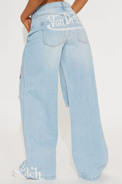 Von Dutch Patchwork Distressed Wide Leg Jeans - Medium Wash