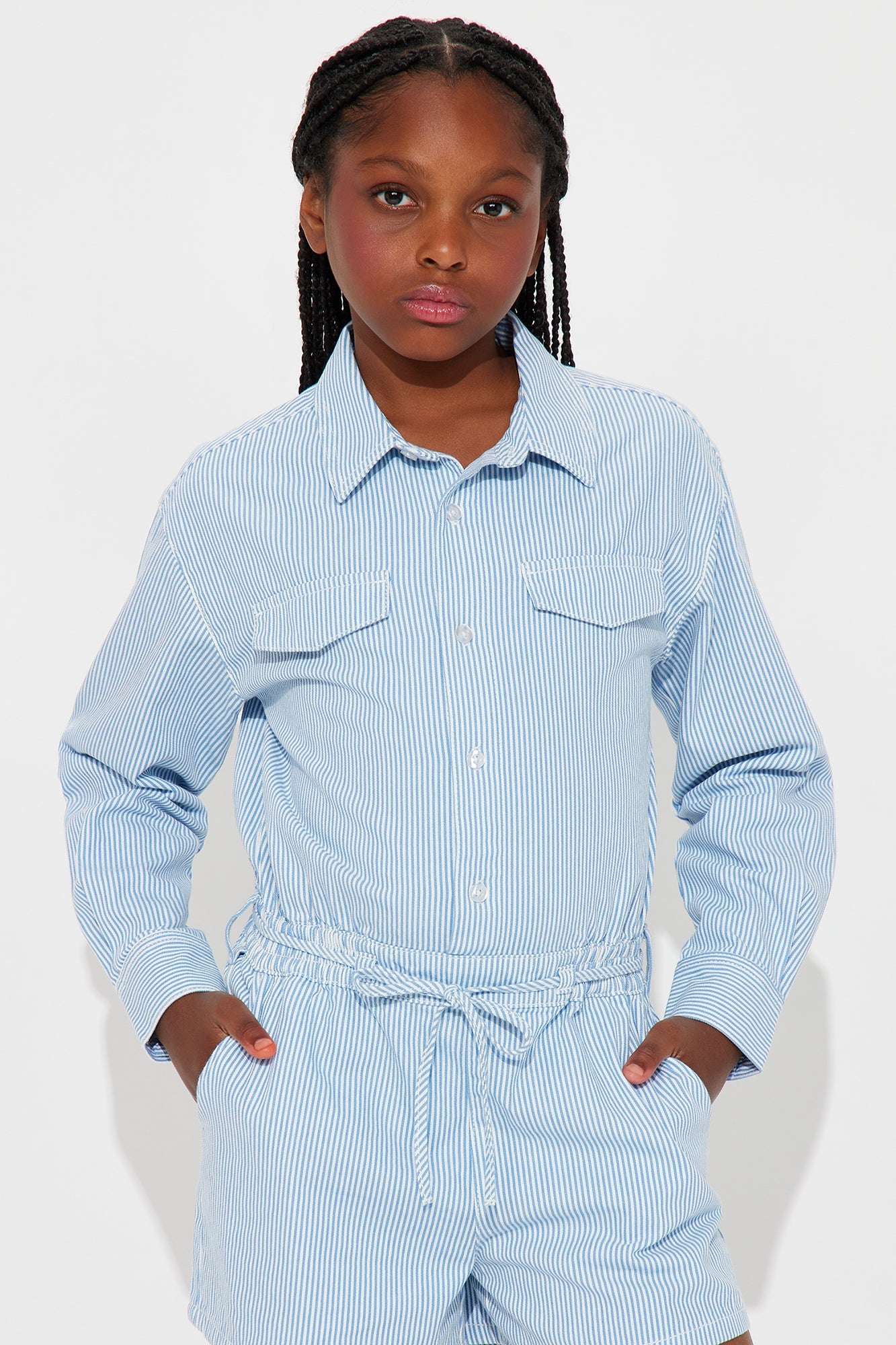 Mini Coastal Girl Striped Denim Romper - Blue/combo