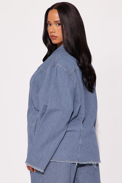 Laid Back Pinstripe Oversized Denim Blazer - Dark Wash