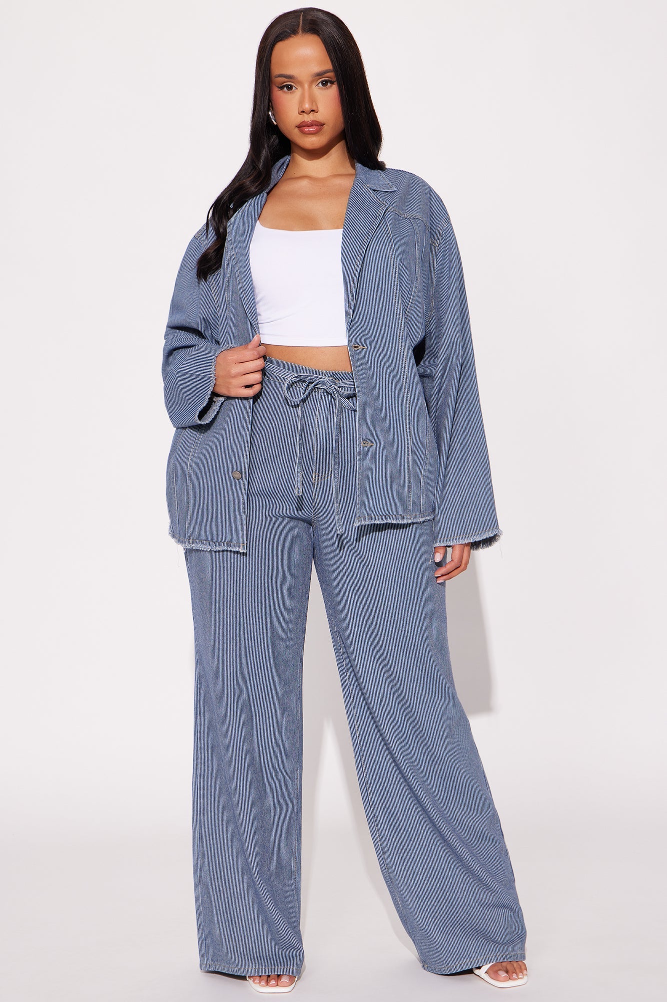 Laid Back Pinstripe Wide Leg Denim Trouser - Dark Wash