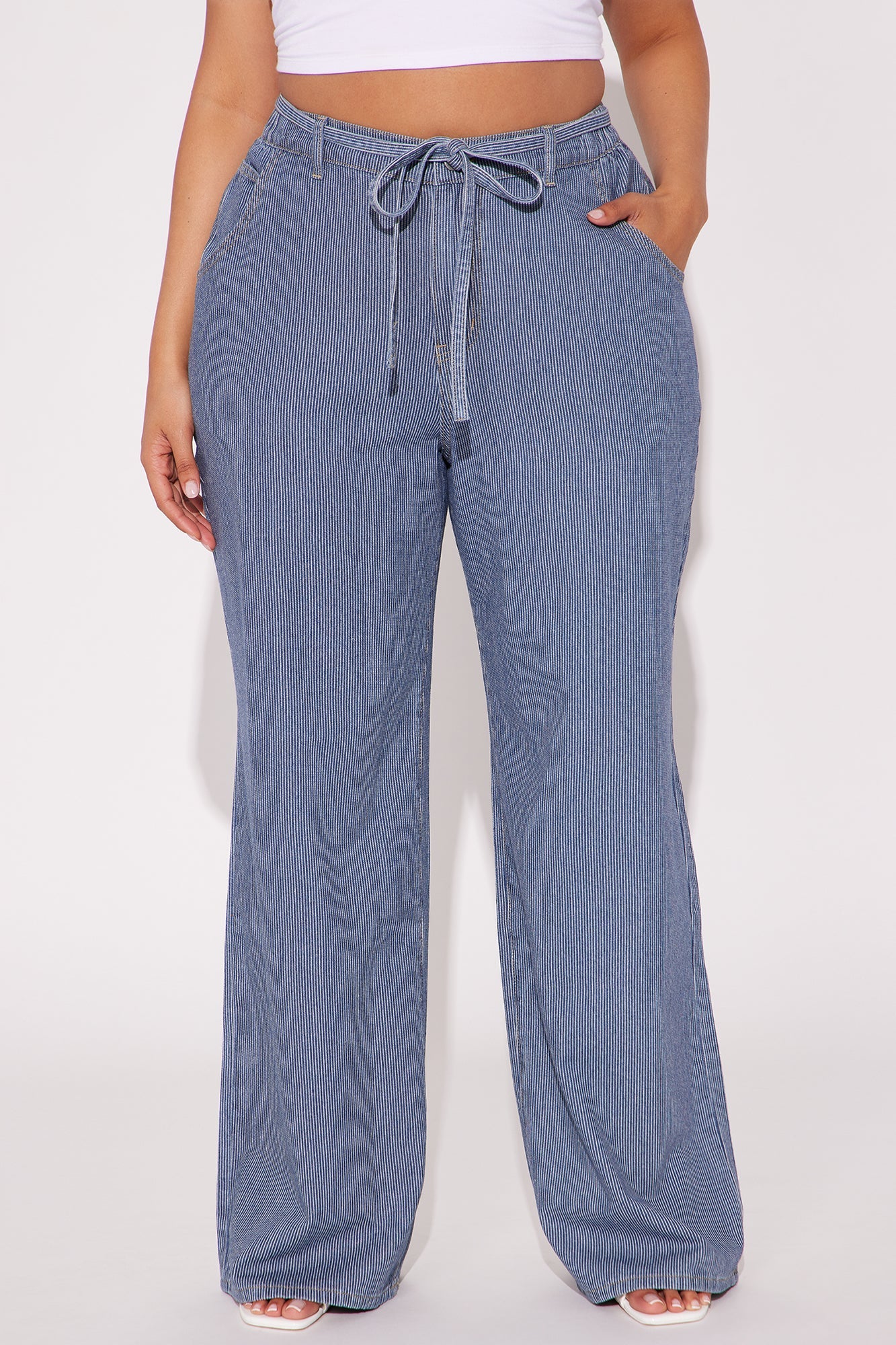 Laid Back Pinstripe Wide Leg Denim Trouser - Dark Wash