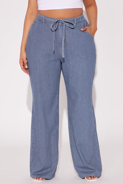 Laid Back Pinstripe Wide Leg Denim Trouser - Dark Wash