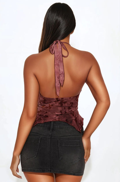 Erin Flocked Halter Top - Burgundy/combo