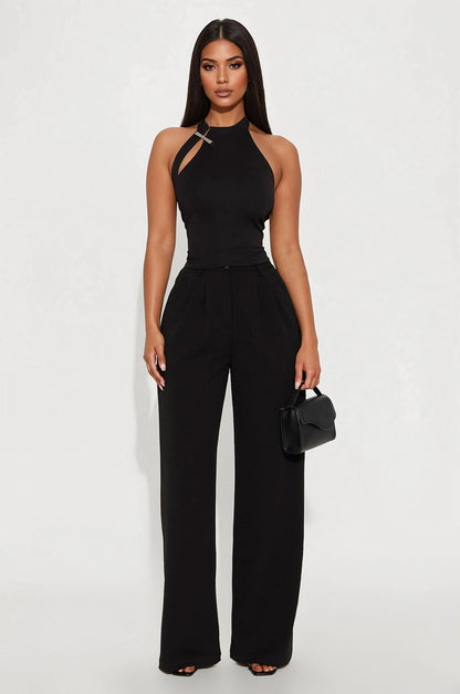 Thriving Business Mock Neck Halter Top - Black