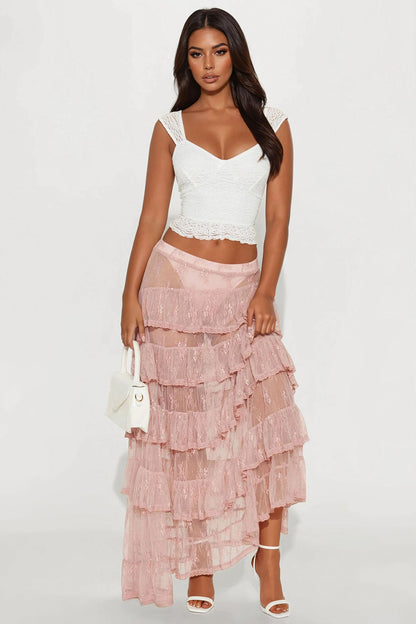 Hopeless Romantic Sheer Lace Asymmetrical Tiered Maxi Skirt - Mauve