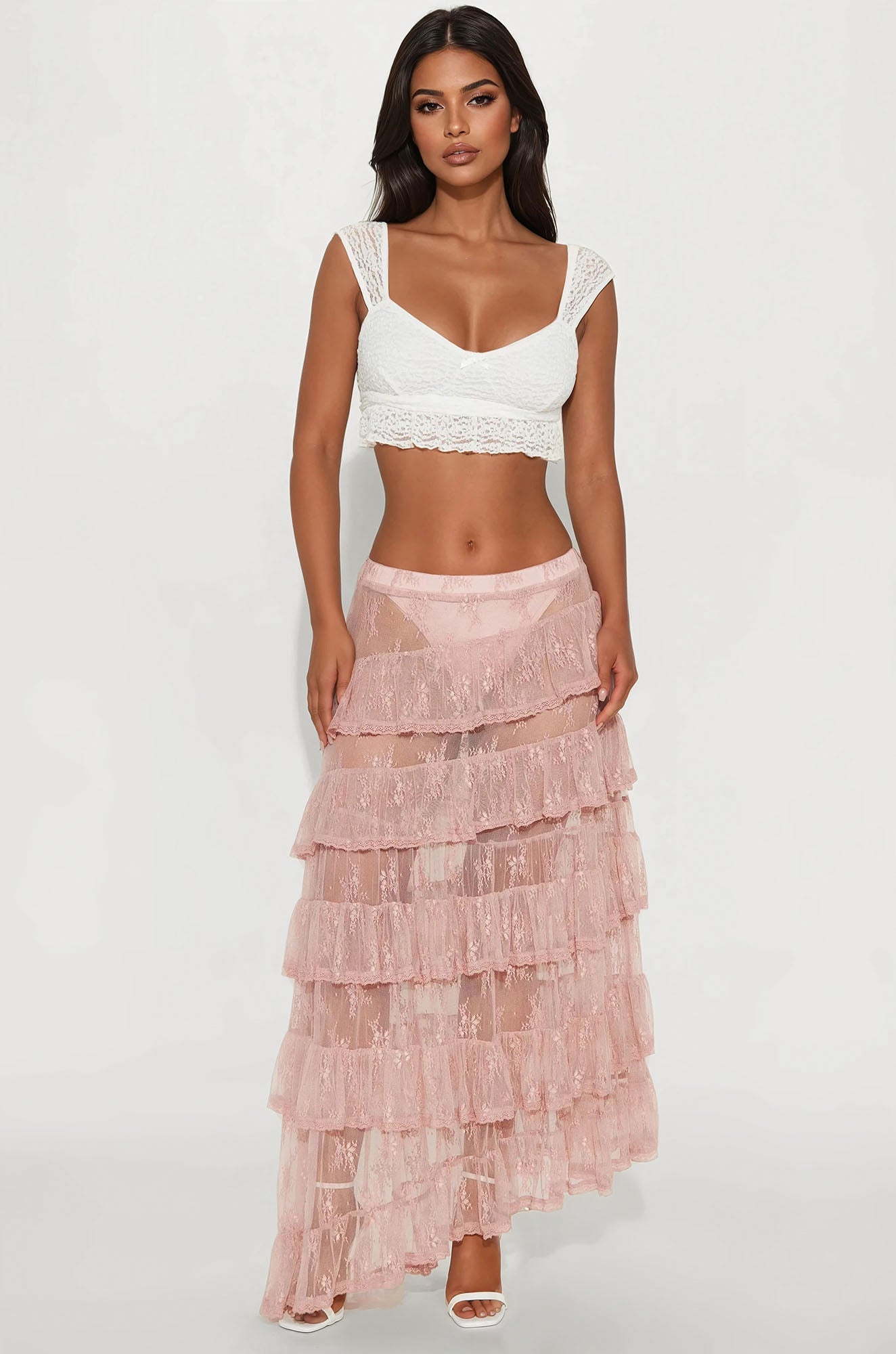 Hopeless Romantic Sheer Lace Asymmetrical Tiered Maxi Skirt - Mauve