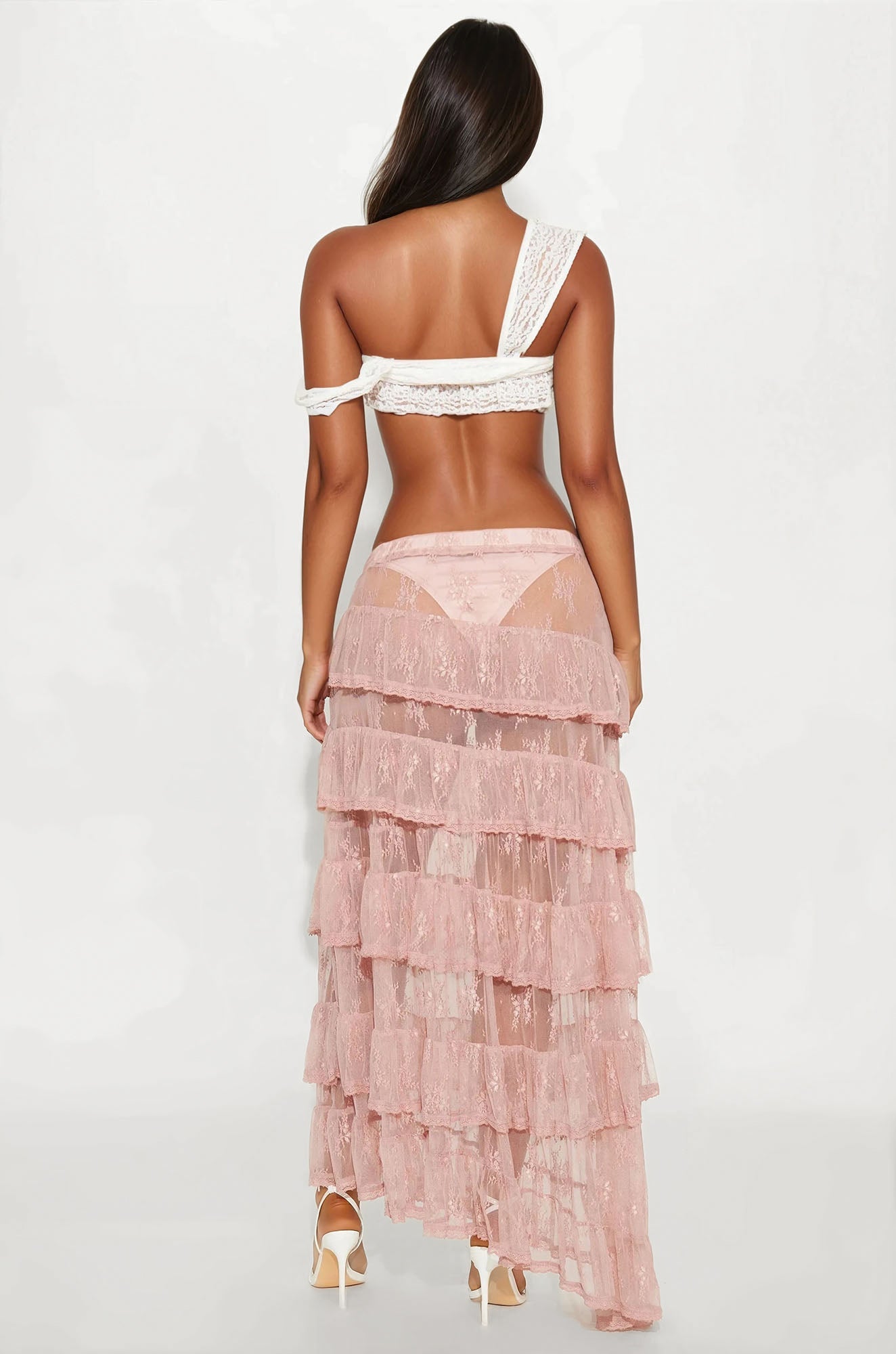 Hopeless Romantic Sheer Lace Asymmetrical Tiered Maxi Skirt - Mauve