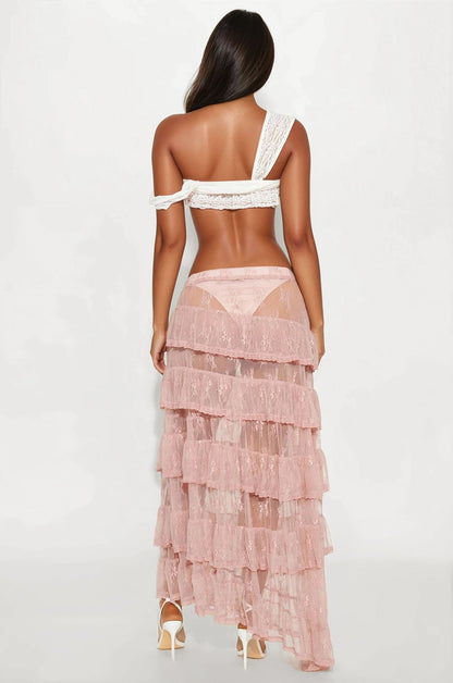 Hopeless Romantic Sheer Lace Asymmetrical Tiered Maxi Skirt - Mauve
