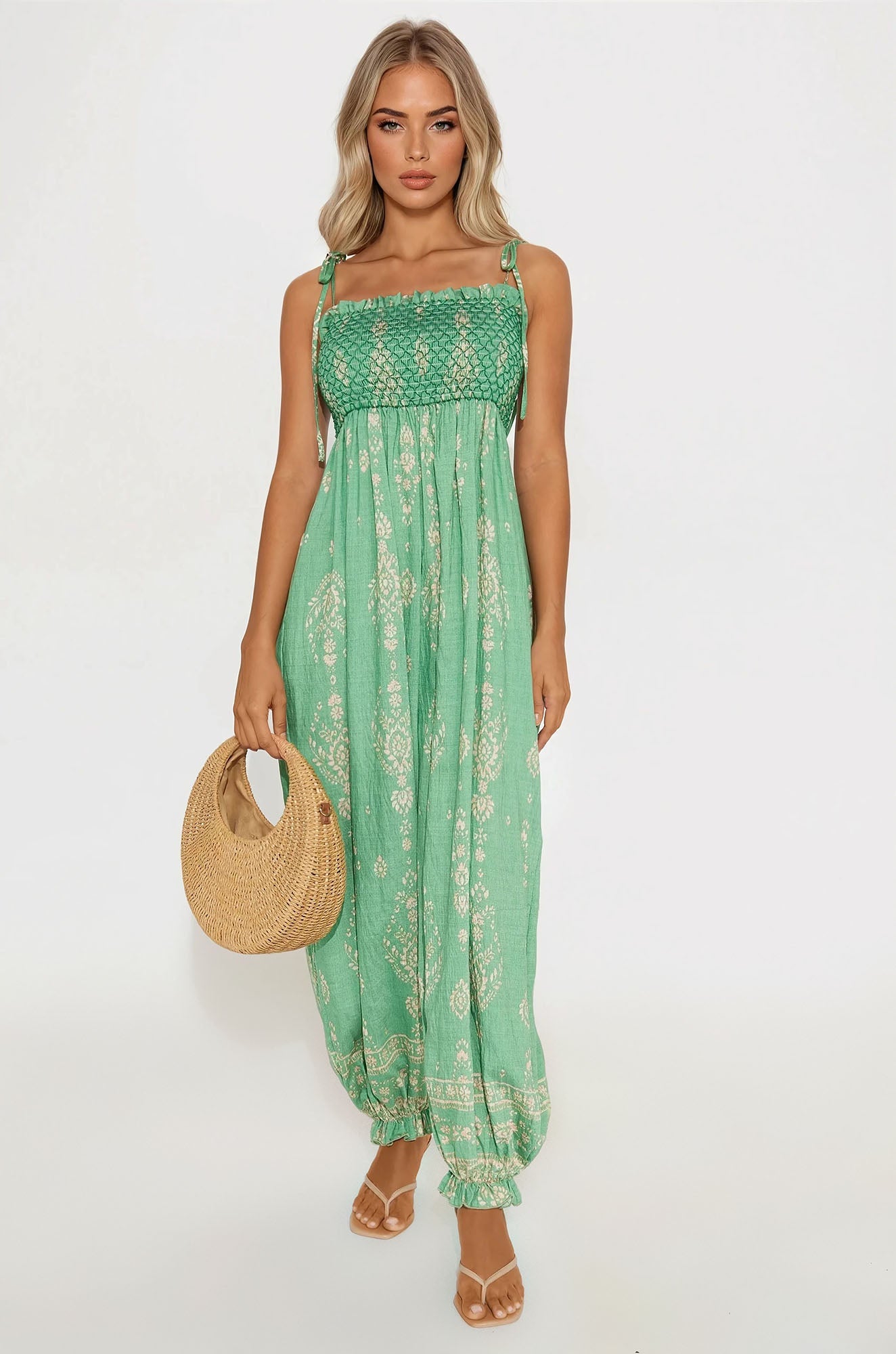 Arabella Linen Jogger Leg Jumpsuit - Green/combo