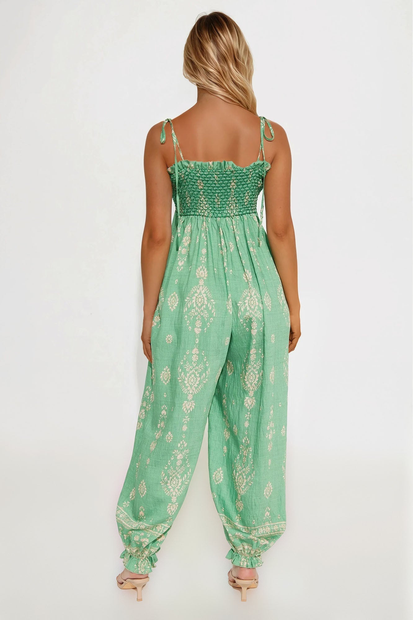 Arabella Linen Jogger Leg Jumpsuit - Green/combo