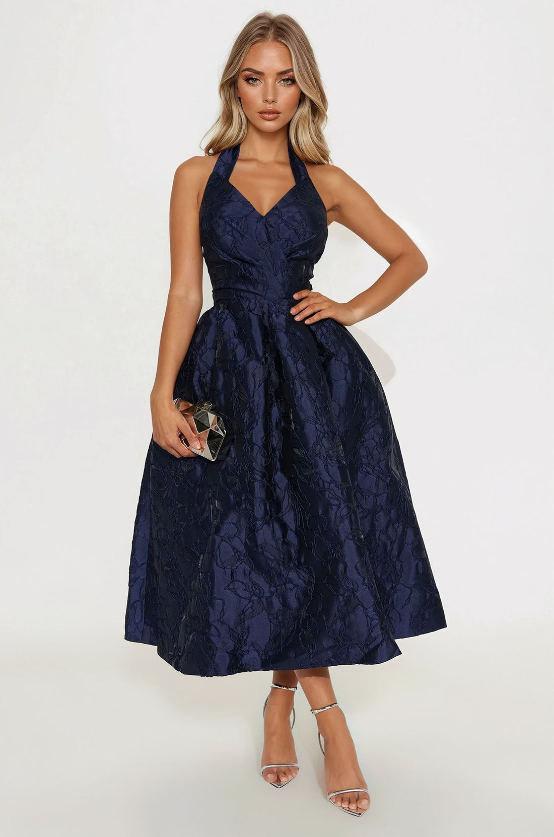 Keep You Enchanted Jacquard Halter Midi Dress - Navy
