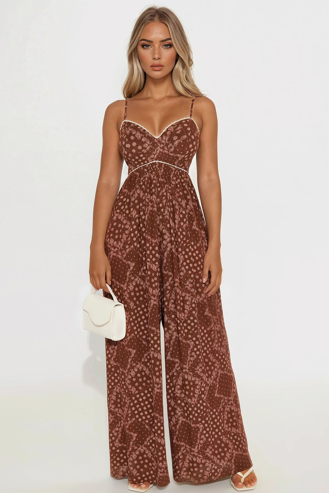 Bethany Gauze Wide Leg Jumpsuit - Brown/combo