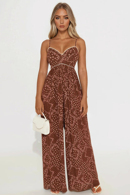 Bethany Gauze Wide Leg Jumpsuit - Brown/combo